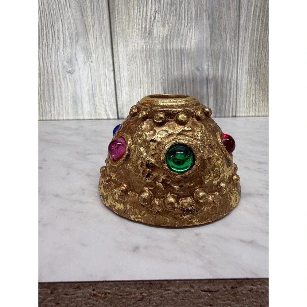 Vintage Jeweled Gold Crown Taper Candle Holder Korea MCM Boho Regency Decor